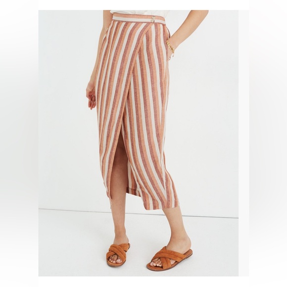 Madewell Pull-On Wrap Midi Skirt in Stripe Linen Blend Trip Stripe Avalon Pink - Picture 4 of 10